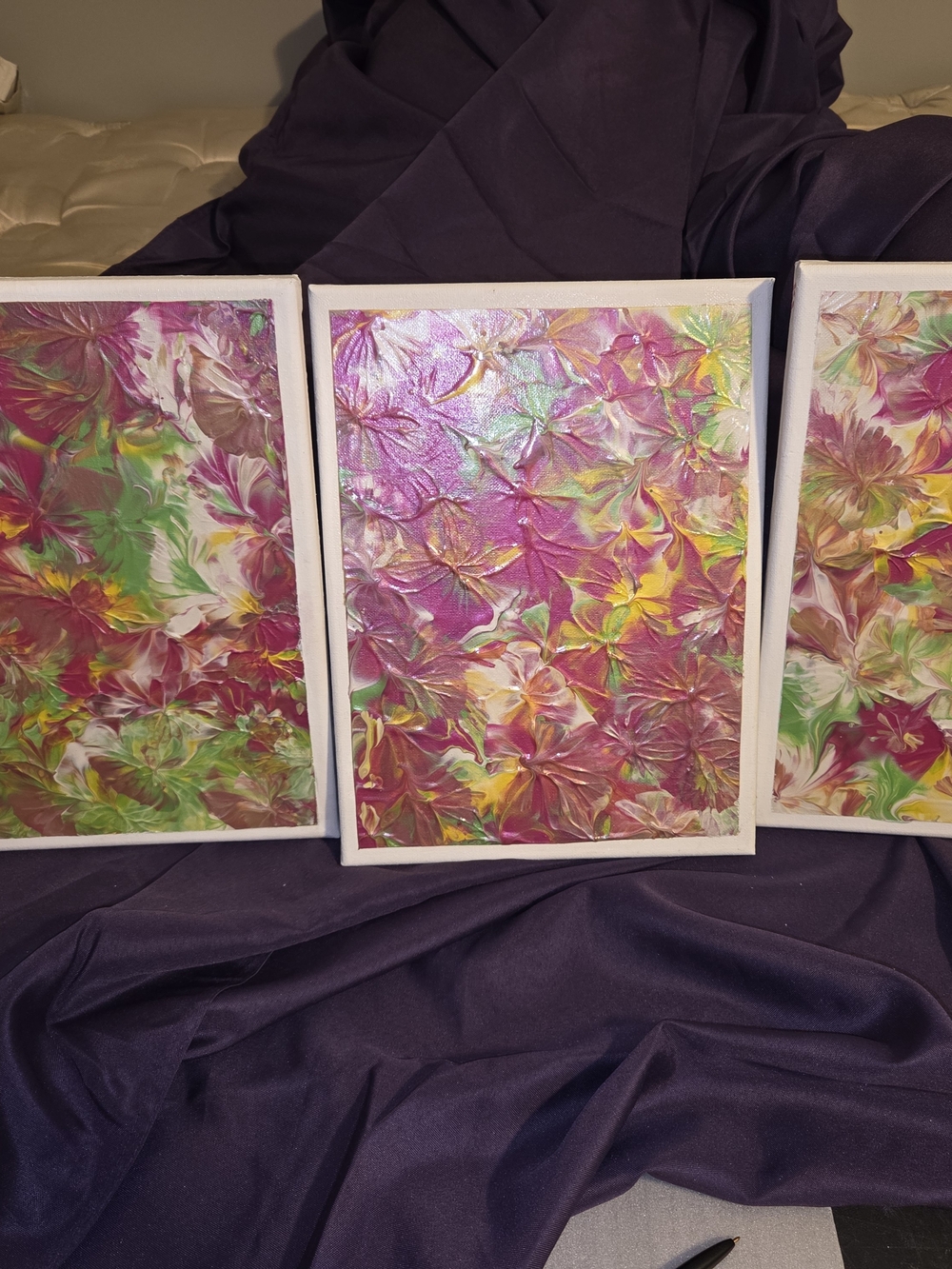 Three Abstract Floral  Canvases That Compliment Each Other. Purple, Pink & Green